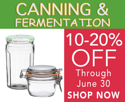 canning and fermentation supplies on sale 10-20% off though june-ad showing jars