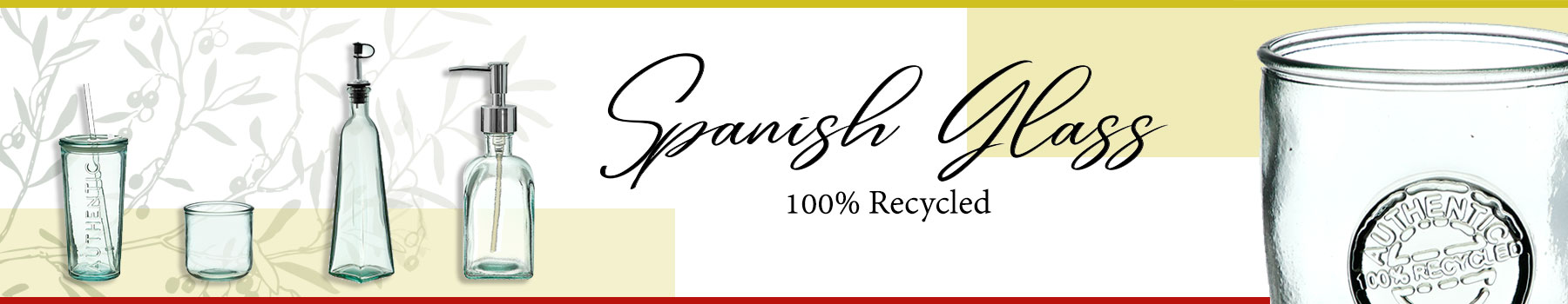 Spanish Glass is 100 percent recycled -ad with cruets, mugs authentic brand cup