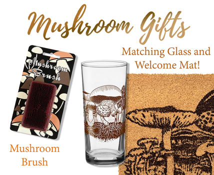 Mushroom Gifts- mushroom designs, image of welcome mat, water glass, mushroom brush