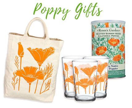 Poppy Gifts, gift ideas, designs, gifts - image of water glass, drinking glass, tote, poppy seeds