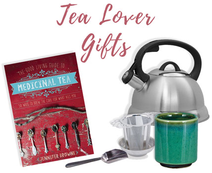 gifts for tea lovers- image of tea products, wholesale tea supplies, kettle, book, tea strainer, tea cup