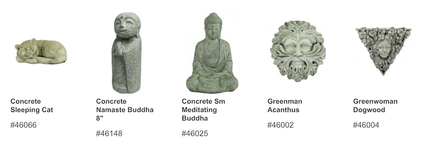 Wholesale home decor- statuary, buddha, sleeping cat, greenman