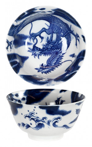 Bowl 8.25" White W/blue Dragon