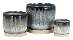 Grooved Pot W/saucer S/3 Blue