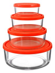 Bowl Set/4 W/red Lids- Glass Bowl Set - Wholesale