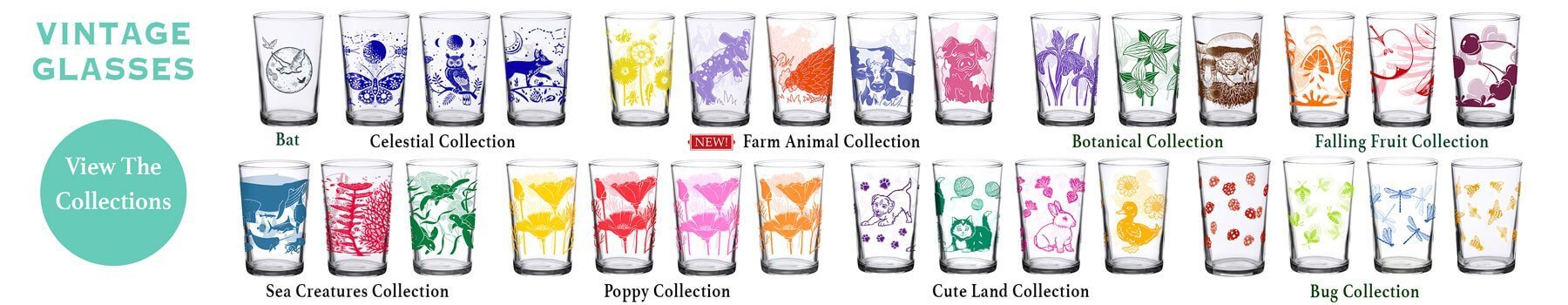 New Vintage Glass Designs! Printed Juice Glasses
